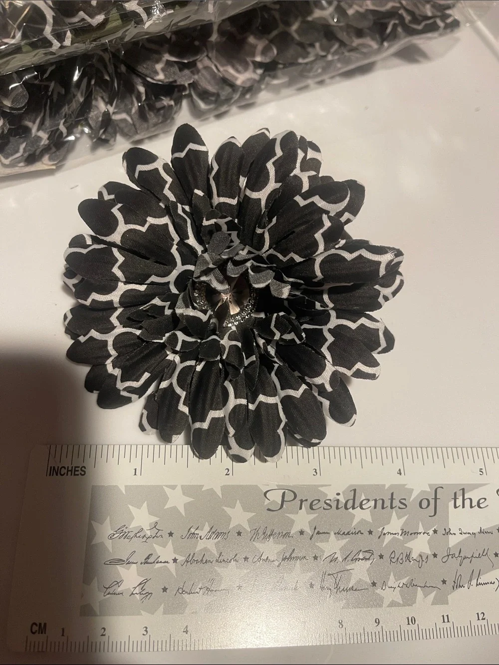 Black & White Floral Fabric Flowers diy 3 dozen large crafts rhinestone Center